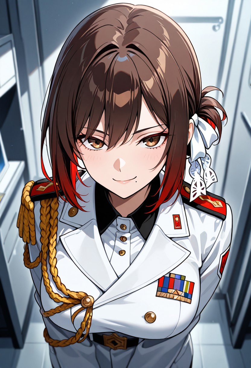 masterpiece, best quality, good quality, very aesthetic, absurdres, newest, 8K, depth of field,  
1girl,kyouko_fujibayashi, short brown hair, brown eyes, mole under mouth, large breasts, military uniform, red accents, standing in command room, confident smirk, looking at viewer, from front
BREAK
military base, white consoles, screens glowing
BREAK
anime style, vibrant colors, high contrast, dynamic light, sharp outlines, rich details