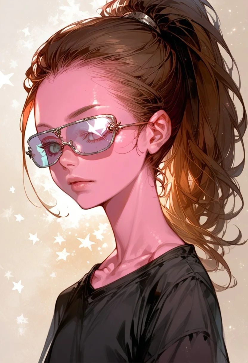 ng_deepnegative_v1_64t, score_9, score_8_up, score_7_up, zPDXL2, detailed background, concept art, source_anime, flat chest, dark theme, low light, solo, easynegative, source_anime, pop art background, lineart_style, beautiful girl, bright pink skin, brown hair, ponytail, black shirt, stars on shirt, ((silver reflective shades)), starry motif, close up, portrait, facing viewer,