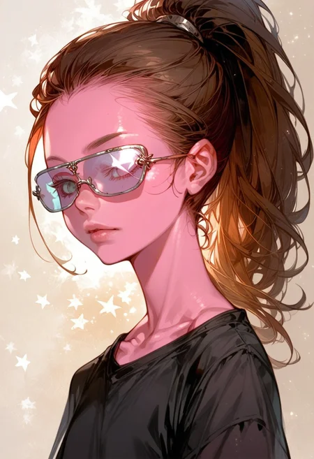 ng_deepnegative_v1_64t, score_9, score_8_up, score_7_up, zPDXL2, detailed background, concept art, source_anime, flat chest, dark theme, low light, solo, easynegative, source_anime, pop art background, lineart_style, beautiful girl, bright pink skin, brown hair, ponytail, black shirt, stars on shirt,  ((silver reflective shades)), starry motif, close up, portrait, facing viewer,