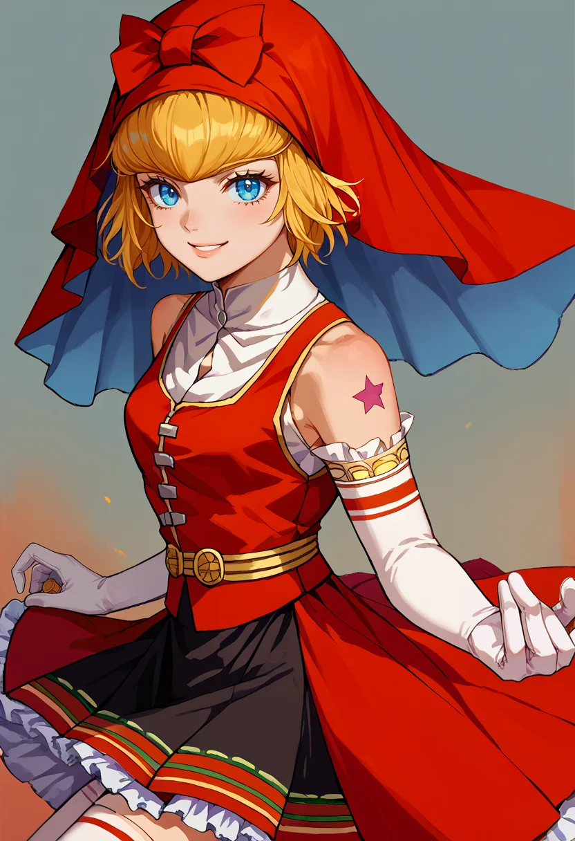 score_9, score_8_up, score_7_up, source_anime, BREAK, solo, 1girl, smile, looking at viewer, <lora:Joestar-Brithmark-pdxl_Fp:1>, joestar birthmark, birthmark, shoulder tattoo, <lora:Idun-pdxl-DoRA_Fp:1>, idunnsmt, short hair, blonde hair, blue eyes, veil, red bow, red dress, vest, frilled skirt, white gloves, elbow gloves, white thighhighs, smile, bare shoulders, miniskirt, black skirt,