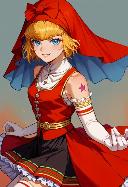 score_9, score_8_up, score_7_up, source_anime, BREAK, solo, 1girl, smile, looking at viewer, <lora:Joestar-Brithmark-pdxl_Fp:1>, joestar birthmark, birthmark, shoulder tattoo, <lora:Idun-pdxl-DoRA_Fp:1>, idunnsmt, short hair, blonde hair, blue eyes, veil, red bow, red dress, vest, frilled skirt, white gloves, elbow gloves, white thighhighs, smile, bare shoulders, miniskirt, black skirt,