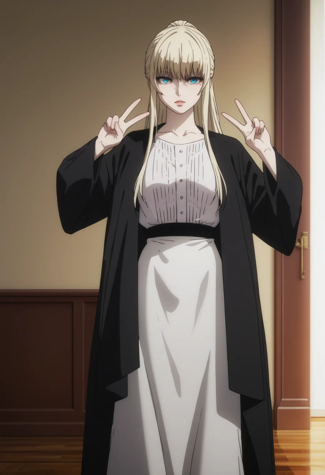 score_9, score_8_up, score_7_up, source_anime, BREAK 1girl, solo, <lora:DX888Phanora:1> phanora kristoffel,  blue eyes, pale skin, ponytail, dress, black overcoat,  standing, double v, knees together feet apart,