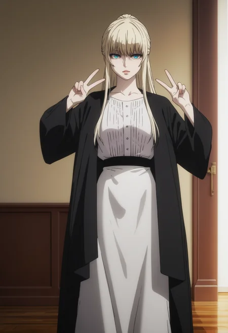 score_9, score_8_up, score_7_up, source_anime, BREAK 1girl, solo, <lora:DX888Phanora:1> phanora kristoffel,  blue eyes, pale skin, ponytail, dress, black overcoat,  standing, double v, knees together feet apart,
