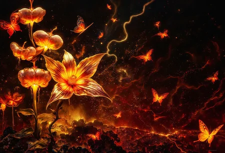 ArsMJStyle, impressionism, Ukiyo-e, A surreal and painterly composition featuring **radiant golden bleeding hearts flowers** and **luminescent, ethereal butterflies glowing with crimson hues** against a pitch-black background. The flowers exude a vivid metallic sheen. The petals are dripping amber nectar. The butterflies pulse with an otherworldly golden-red light, and their wings are traced with intricate fiery patterns.
The atmosphere is enhanced by a dreamy **bokeh effect** that scatters soft glimmers of gold and crimson throughout the composition, creating depth and a sense of quiet wonder. The interplay of **rich golden highlights and deep black shadows** evokes an enchanting, almost mystical ambiance. Subtle embers float in the air, adding a dynamic, surreal quality to the scene.
The overall aesthetic is vivid yet balanced, emphasizing the **contrast between the glowing warmth of the flowers and harshness of the surrounding butterflies**. Rendered in **8K ultra-detail**, the textures are hyper-realistic, while the colors glow with an intense vibrancy, embodying an elegant harmony of surreal beauty and luxurious simplicity.