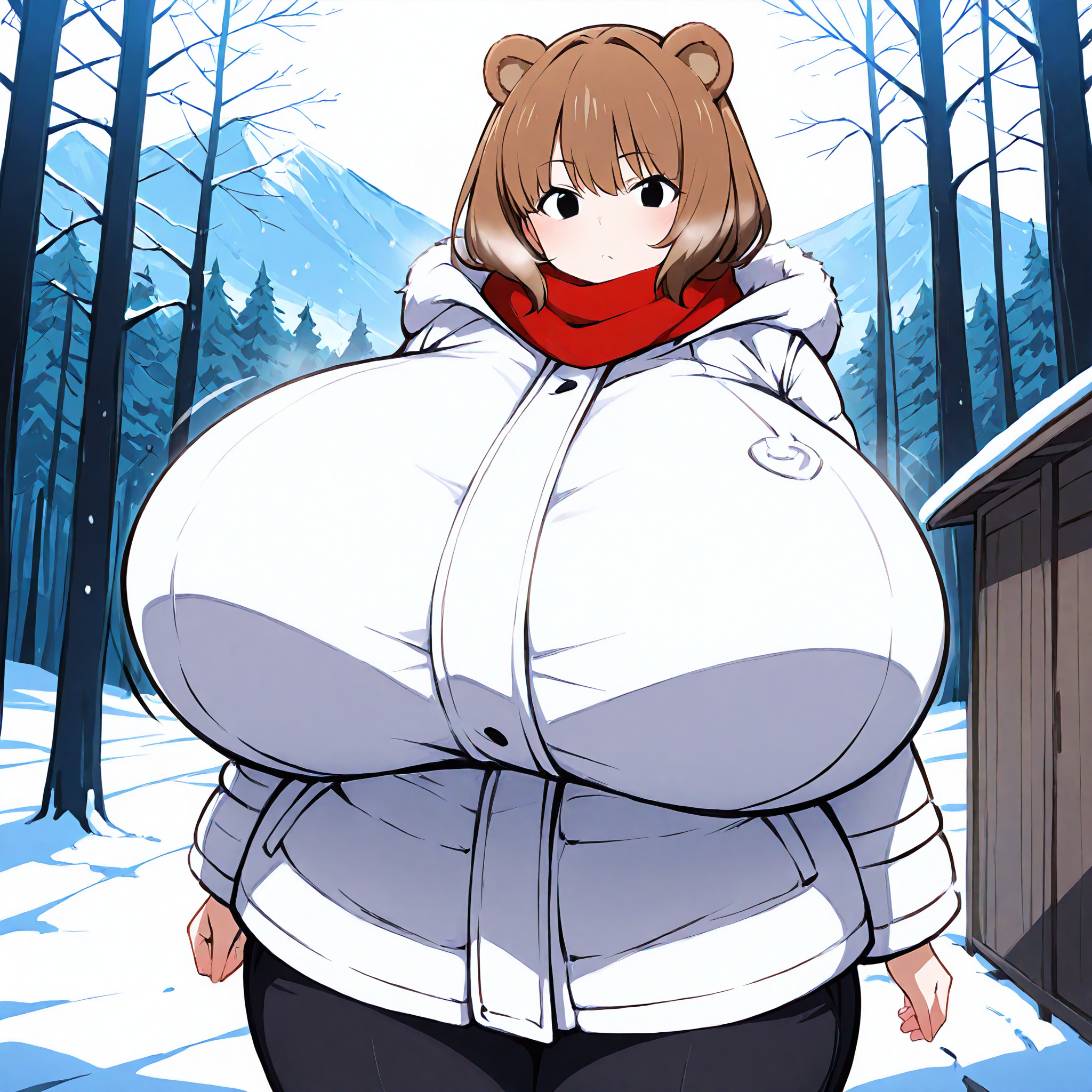 (masterpiece), best quality, (highly detailed), 1female, solo, <lora:Masakin_style_Illustrious:0.8>, bear ears, brown hair, black eyes, gigantic breasts, wide hips, white winter coat, pants, fitting clothes, forest, snow, cabin, red scarf, looking at viewer, blank expression,