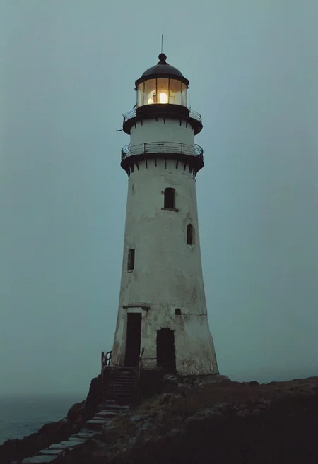 soaked_brand_pfeffi_KB, In a grainy, handheld video, a lone explorer investigates an old, decrepit lighthouse on a foggy night. As he ascends the spiral staircase, strange whispers and ghostly moans fill the air. At the top, he encounters a monstrous, ethereal being with tentacles and multiple glowing eyes. The footage is chaotic and filled with static, capturing the explorer's terror and the creature's unearthly presence.
