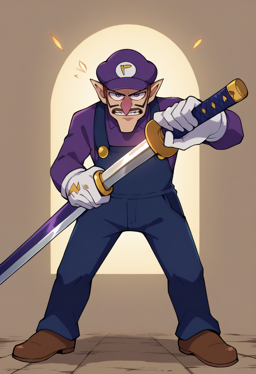 score_9, score_8_up, source_anime, 1boy, solo, Waluigi, mustache, teeth, pointy ears, brown hair, hat, purple headwear, purple shirt, long sleeves, overalls, white gloves, brown shoes, incrsunsheathingakatanameme, sword, unsheathing, sheath, <lora:ChamWaluigiPonyXL:1>, <lora:KagurabachiPose_XLPD:1>