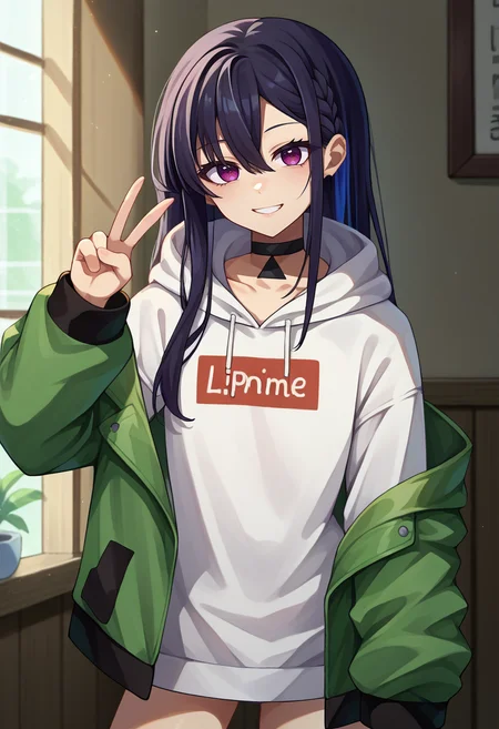 score_9, score_8_up, source_anime, 1girl, solo, IchinoseDefault, long hair, braid, multicolored hair, black choker, white hoodie, clothes writing, no pants, green jacket, off shoulder, v, smile, indoors, <lora:ChamIchinoseUruhaPonyXL:1>