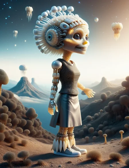 DonMT33thXL, female telepathic communicator, nanobot swarm- microscopic, shimmering clouds of nanobots capable of forming diverse shapes and patterns, elderly, petite, native american, brown eyes, large ears, heart face shape, striking birthmarks, freckles, dirty blonde bob cut hair, smile,
holding out hands while manipulating energy or elements.,
wearing graphene a-line skirt, cyber-silk fiber charcoal nano tech texture ar blazer, quantum-tech sneakers, , exuding an air of grace and respect while engaging with extraterrestrial beings., <lora:DonMT33th:1> <lora:DonMT33thXL:1>