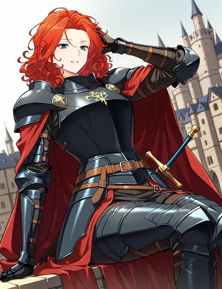 <lora:Alicia_Termina_Magentano__The_Greatest_Estate_Designer:1>
1 girl, solo, red hair, blue eyes, medium hair, curly hair
armor, red cape, black shoulder armor, black pauldrons, black gauntlets, black breastplate, sheath, sword
score_9, score_8_up, score_7_up, very aesthetic, source_anime, detailed, high quality, beautiful, masterpiece, detailed eyes, castle, village, blurry background, cityscape, pose dynamic angle, light smile, open mouth, hand on hair, sitting