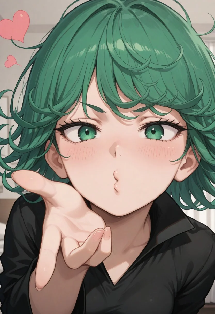 masterpiece, by piaki, best quality, very detailed,
1 girl, Tatsumaki \(one punch man\), green hair, messy hair, green eyes, small breasts, blushing,
indoor, bedroom,
Close-up, mouth focus, very close-up, extremly close-up, looking at viewer,
blowing kiss, heart, puckered lips, o3o