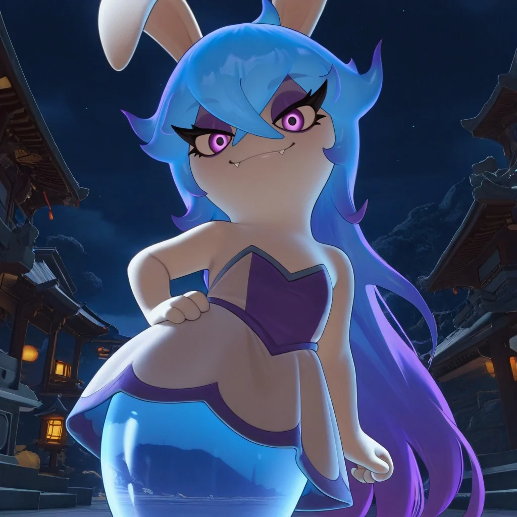 masterpiece, best quality, amazing quality, midnit3, female, furry female, solo, white body, rabbit ears, long hair, blue hair, purple highlights, purple eyes, eyelashes, purple eyelids, fangs, ghost tail, translucent tail, white and purple dress, smirk, hand on hip, looking at viewer, outdoors, night
