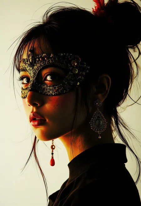 midjourney_whisper_innocent_eyes, side portrait of oriental woman wearing elaborate masquerade mask, feather, hair ornaments, silhouetted, directional lighting, blonde hair, bob, bangs, red lips, make-up, elaborate earrings