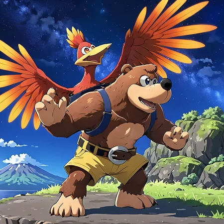 BanjoKazooieXL, bird on bear standing, wings, volcano, night, ash falling, <lora:BanjoKazooie_XL-8:.69>, (anime, masterpiece, intricate:1.3), (best quality, hires textures, high detail:1.2), (4k),(incredibly detailed:1.4),UHD, 8K, ultra detailed