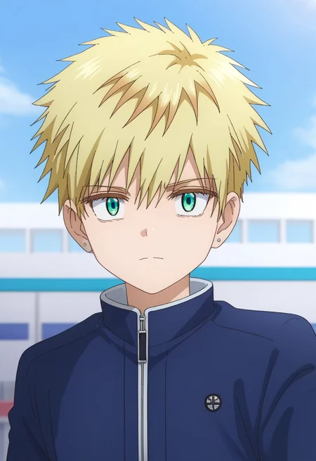 score_9, score_7_up, source_anime
RiohSonidori, 1boy, male focus, solo, green eyes, blonde hair, jewelry, earrings, jacket, blue jacket, zipper, upper body, looking at viewer,
outdoor, sky