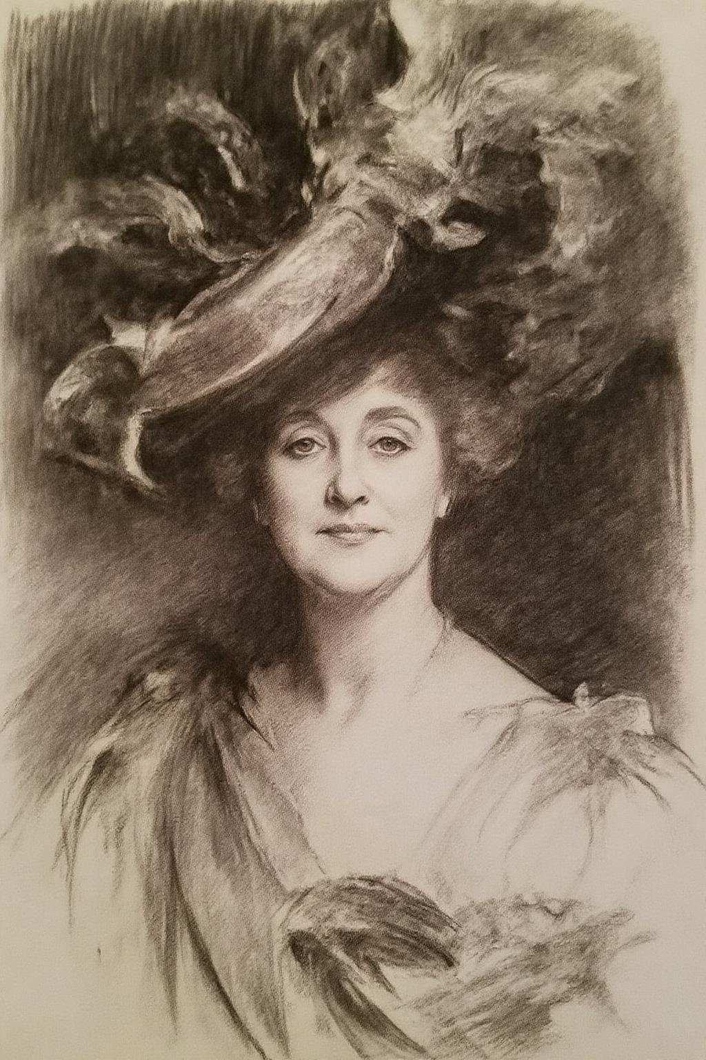 johnss1 charcoal drawing. 
charcoal drawing of a middle-aged woman. She has a serene, slightly smiling expression, with her eyes looking directly at the viewer. She is wearing a large, wide-brimmed hat adorned with intricate, flowing feathers and a delicate, lace-like texture. The background is shaded, textured and sketchy, highlighting the subject.
 <lora:johnss1_cap_d6a3e12:1.0><lora:824329770574697704:0>