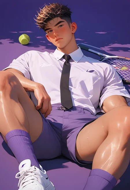 score_9, score_8_up, score_7_up,male focus, aaSKTm1n1, (B0Y1A1), (male),(solo), rosy cheeks, source_anime,rating_explicit,(best quality, highres,masterpiece), dynamic shot, arrogant,(open eyes), moan,black eyes,(undercut brown hair:1.3), (pubes), (lying on back on tennis court:1.5),(leaning back), necktie, collared shirt, (pulled off purple shorts:1.2),(look down at viewer:1.8),perfect face, extra details, (purple background:1.4),realistic 3d style, body tilt,RAW photo, photorealistic, film grain, candid camera, color graded cinematic, (hunter eyes), macro shot, skin pores, imperfections, natural, looking at viewer, hairy thighs, angry, full body, (low ankle purple socks sole:1.3), (from above:1.15), perfect hands, young,sweaty, hot,
