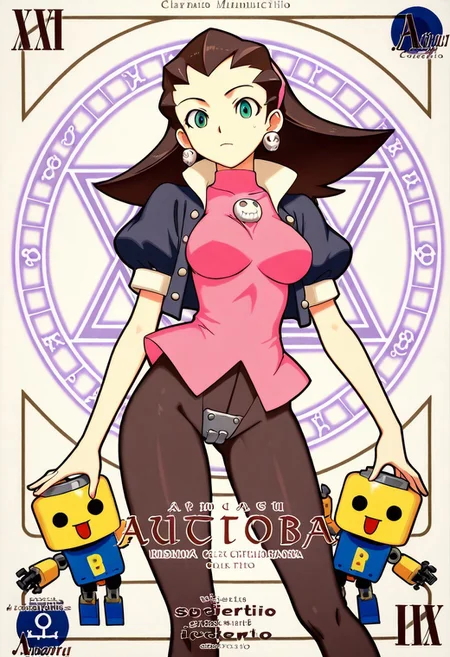 tron bonne, green eyes, brown hair, short hair, long hair, pink hairband, hair pulled back, medium breasts, pantyhose, earrings, skull earrings, crotch plate, servbot,  masterpiece, best quality, amazing detail, high definition, negimapactio, card (medium), character name, magic circle,