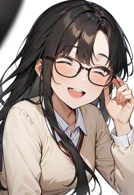 masterpiece, best quality, very aesthetic, absurdres,
1girl, solo, black hair, long hair,
Wellington22A, glasses, brown-framed eyewear,
collared shirt, happy, smile, looking at another, adjusting eyewear, white background, simple background,
<lora:glasses_Wellington_cellframe1_SDXL_V1:0.8>