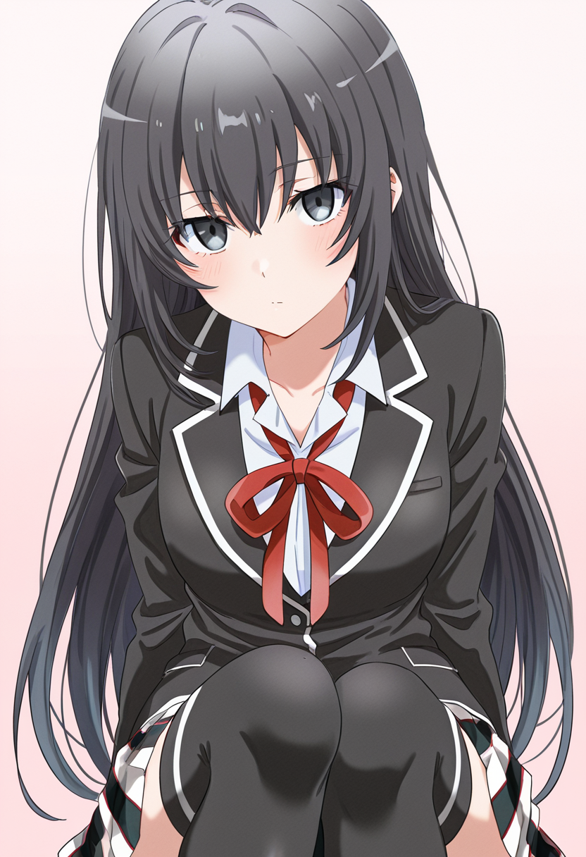 1girl, oregairumiagup, black hair, very long hair, black eyes, sobu high school uniform, black jacket, neck ribbon, red ribbon, plaid skirt, pleated skirt, black thighhighs, looking at viewer, cute, <lora:RumiHighSchool_ill_v2:1>, masterpiece, best quality, high quality, detailed, absurdres