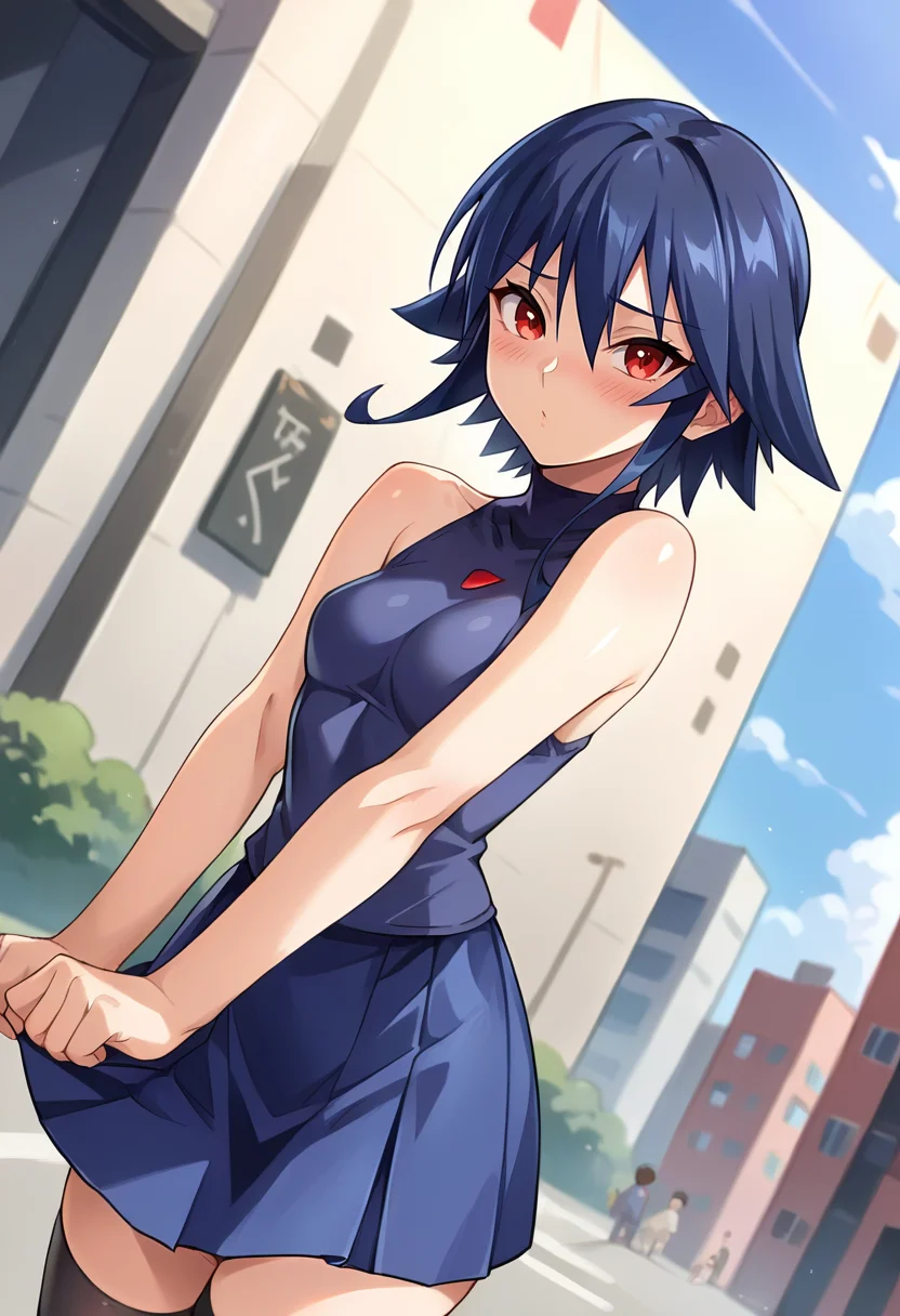score_9, score_8_up, score_7_up, masterpiece, source_anime, 1girl, ct ai, short hair, blue hair, red eyes, blue sleeveless turtleneck, blue skirt, black thighhighs outdoors, city, depth of field, looking at viewer, blush, shiny skin, dutch angle, <lora:Ai_Kagano_Pony_ct:0.9>