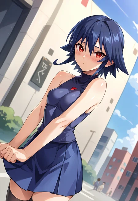 score_9, score_8_up, score_7_up, masterpiece, source_anime, 1girl, ct ai, short hair, blue hair, red eyes, blue sleeveless turtleneck, blue skirt, black thighhighs outdoors, city, depth of field, looking at viewer, blush, shiny skin, dutch angle, <lora:Ai_Kagano_Pony_ct:0.9>