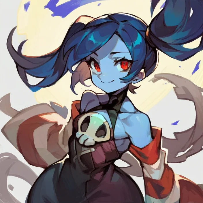 <lora:Squigly_AI:1>, score_9, score_8_up, score_7_up, 1girl, solo, light smile, pose, blue skin, blue hair, red eyes, striped sleeves, side ponytail, dress, small breasts, wide hips, source_anime
