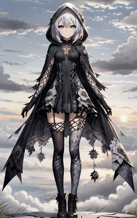 ShatteredCloth,1girl,solo,breasts,looking at viewer,short hair,bangs,hair ornament,gloves,dress,hair between eyes,closed mouth,standing,full body,flower,white hair,pantyhose,boots,outdoors,sky,black gloves,cloud,hood,black footwear,grey eyes,expressionless,cloudy sky,cloak,hood up,arms at sides,hooded cloak,black flower,shattered effect on pantyhose,
, <lora:add-detail-xl:0.8> <lora:ShatteredCloth:0.6>