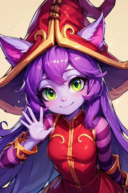 score_9, score_8_up, score_8, medium breasts, (curvy), cute, eyelashes, BREAK, , <lora:LuluLeagueoflegendsPDXL:0.8>, zzLulu, long hair, bangs, animal ears, green eyes, purple hair, colored skin, purple skin, long sleeves, hat, dress, red dress, red headwear, ears through headwear, striped sleeves, yordle,, BREAK, looking at viewer, smile, waving, upper body, leaning forward, head tilt, embedding:zPDXL, Expressiveh, <lora:CatalystStylePDXL:0.6>, <lora:SDXLFaeTastic2400:0.5>, <lora:Expressive_H-000001:0.4>,