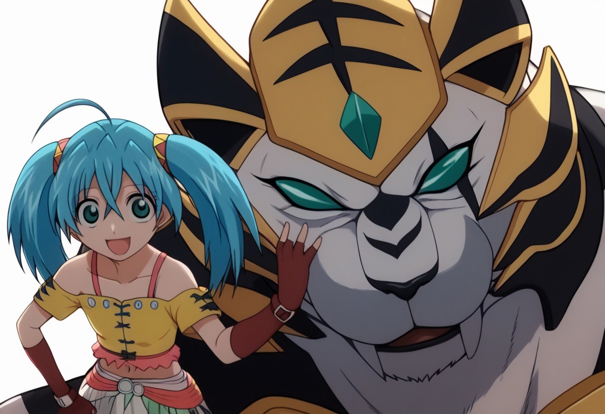 score_9, score_8_up, score_7_up, source_anime, anime illustration, masterpiece, best quality, lots of details, BREAK zPDXLx, mur4k4mi-ip,bakugan, runo misaki, tigrerra, bakugan (creature), 1girl, twintails, gloves, fingerless gloves, blue hair, open mouth, navel, midriff,skirt, smile, parody, long hair, anime coloring, aqua eyes, :d, bare shoulders