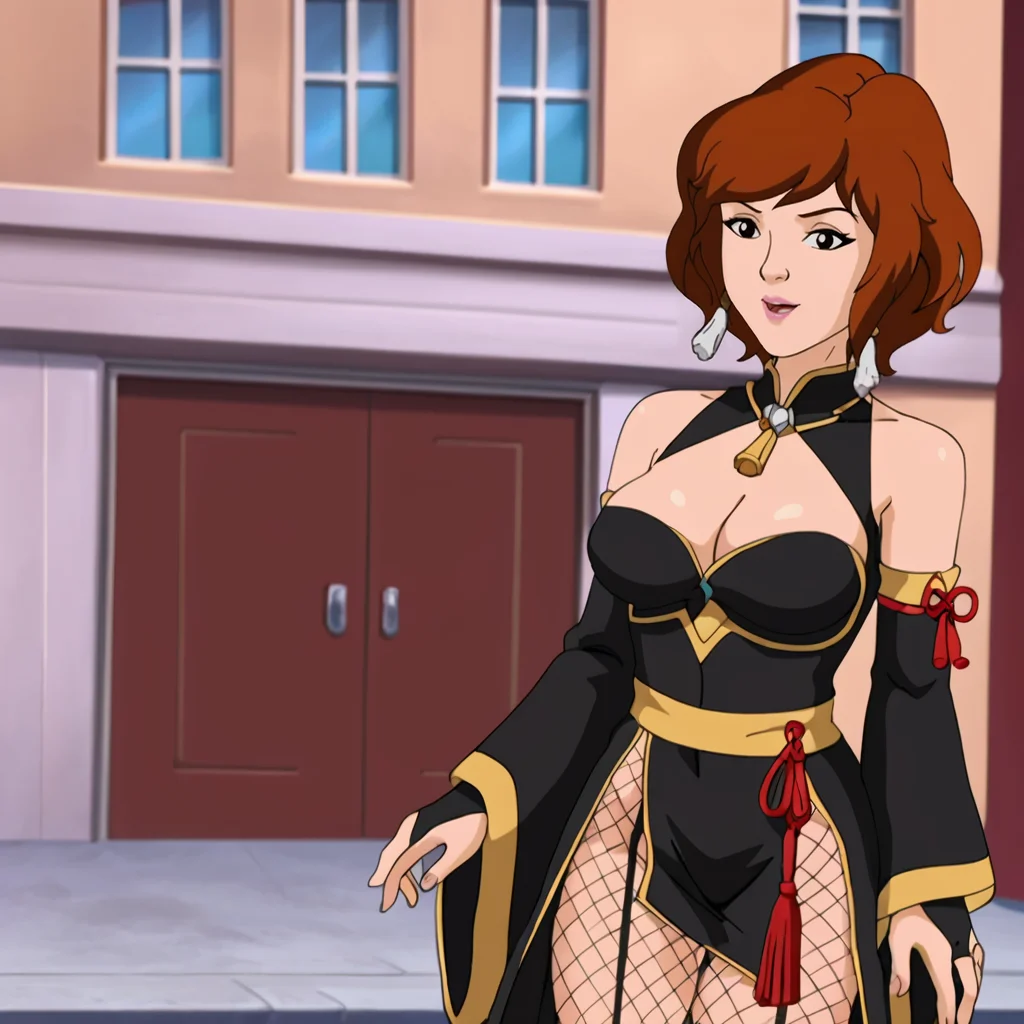 <lora:AprilONeil_pony_v1:.8> AprilONeilModern, 1girl, brown hair, brown eyes, retro artstyle, 1980s (style), short hair, , medium breasts, cowboy shot, <lora:0831 Shenhe cheongsam fans clothing_v1_pony:1> ruanyi0831,black dress,bridal gauntlets,detached sleeves,fishnet pantyhose,hair ornament,clothing cutout,cleavage,tassel,wide sleeves