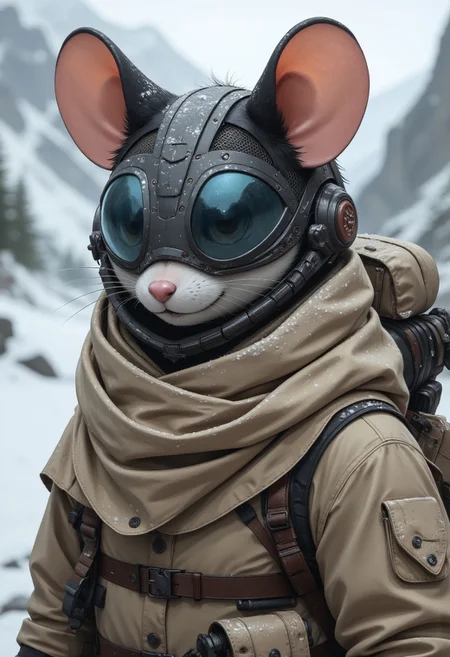 m0use_fstyle, apoclypse. The image is a high-resolution digital artwork featuring a futuristic, stylized humanoid figure with a mouse head. The subject's face is that of a mouse with black and grey fur, detailed with intricate, metallic accents and a sleek, futuristic helmet. The helmet is a blend of organic and mechanical elements, featuring a glossy, black color with a mesh pattern on the sides and a small, circular sensor on the forehead. The mouse ears are Large and round and covered in a fine layer of snow, suggesting a cold, wintry environment. The figure is dressed in a rugged, earth-toned, military-style outfit, including a beige, high-collared coat and a matching scarf wrapped around the neck. The clothing is detailed with various pouches, straps, and buckles, indicating it's designed for combat or survival in harsh environments. The texture of the coat appears to be a rough, durable fabric, possibly canvas or a similar material. In the background, the image is a blurred, snowy landscape with indistinct, muted colors, indicating a cold, possibly mountainous setting. The overall aesthetic combines elements of cyberpunk and steampunk, blending futuristic technology with a natural, wintry environment.