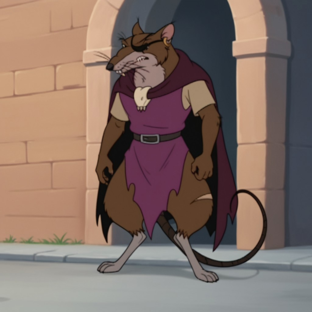 score_9, score_8_up, score_7_up, score_6_up, score_5_up, score_4_up, source_furry, ClunyRW, semi-anthro, male, rat, brown fur, jewelry, earring, purple cloak,  belt, purple tunic, short sleeves, torn clothes, eye patch, standing, outside,