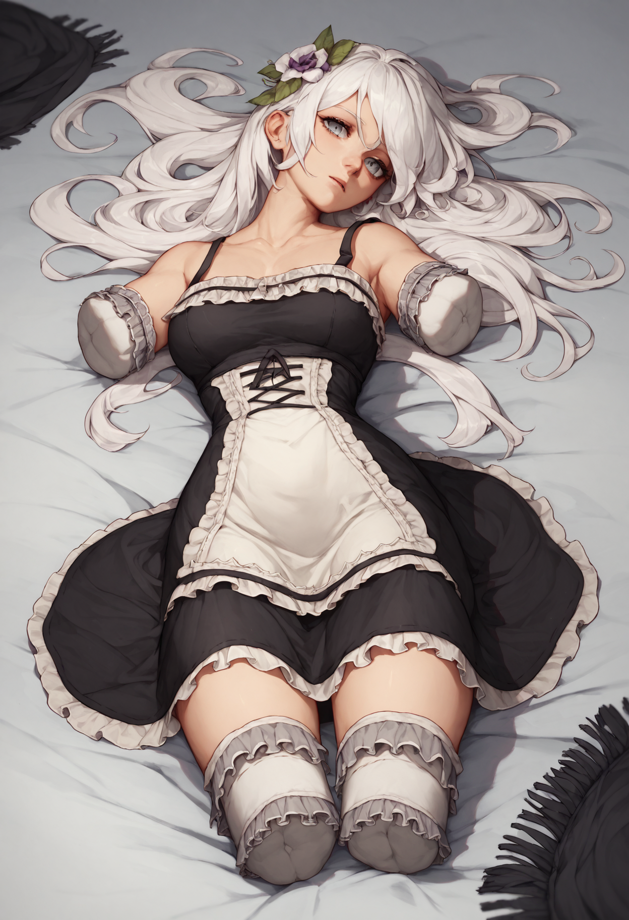 <lora:amputee_4_sdxl-000001:1>  score_9, score_8_up, score_7_up, score_6_up, 1girl, solo, full body, woman lying on back on grey velvet sheets, there are frilled black cloth caps on her arm stumps and leg stumps. she is wearing a black sundress. she has long white hair, grey eyes, hair flower.