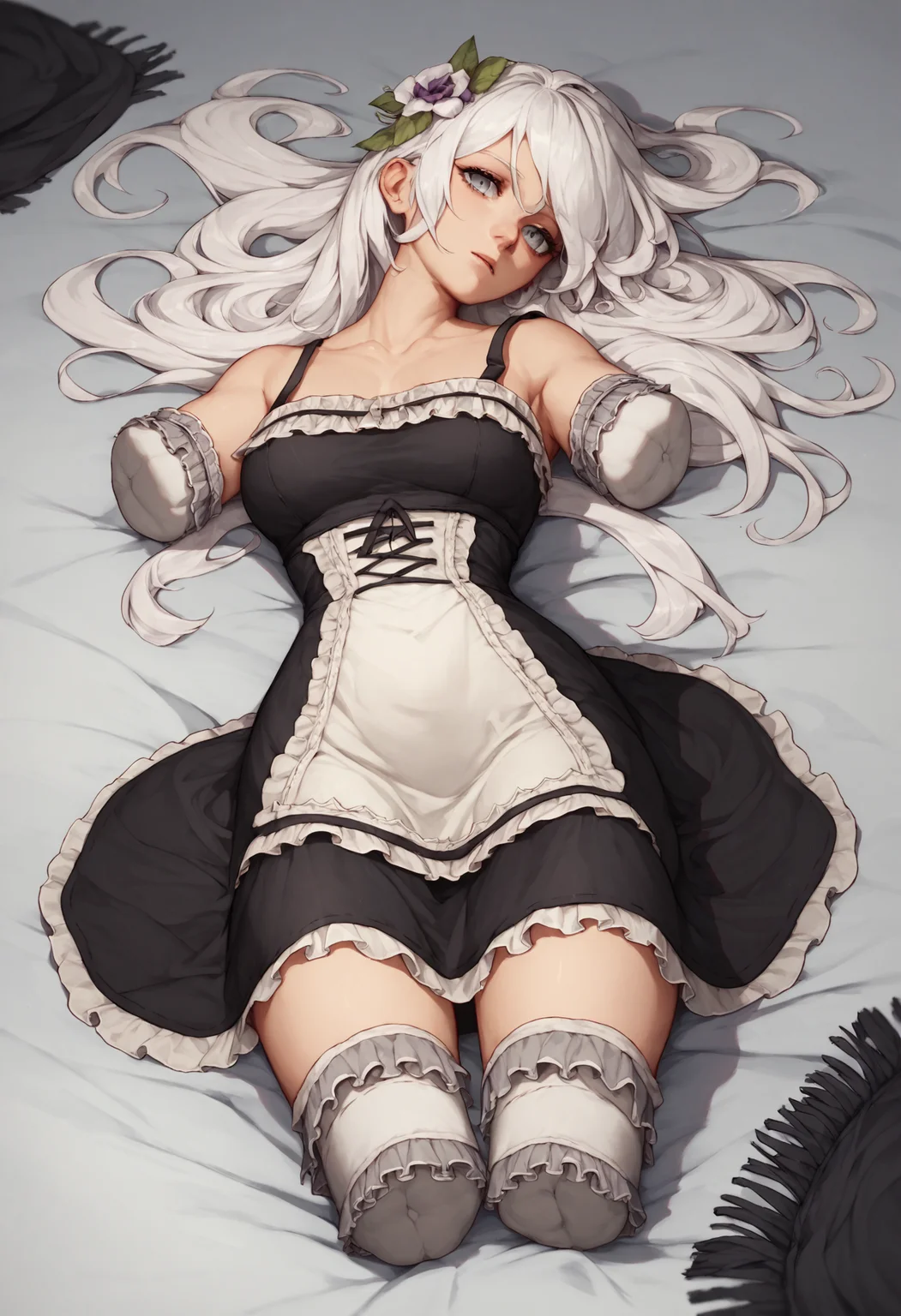 <lora:amputee_4_sdxl-000001:1> score_9, score_8_up, score_7_up, score_6_up, 1girl, solo, full body, woman lying on back on grey velvet sheets, there are frilled black cloth caps on her arm stumps and leg stumps. she is wearing a black sundress. she has long white hair, grey eyes, hair flower.