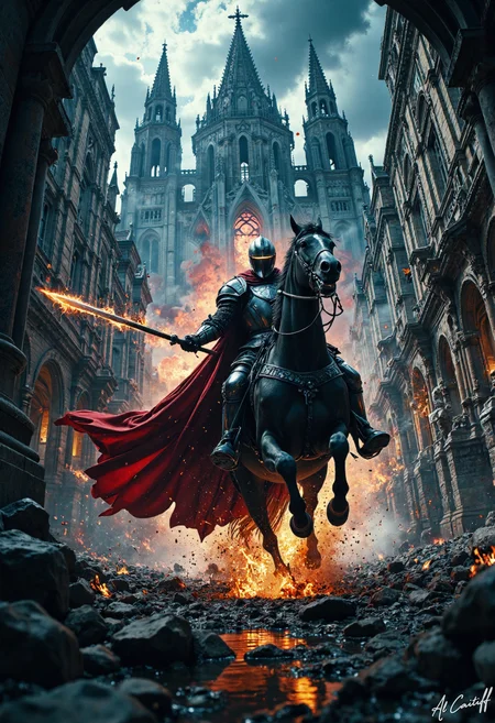Dutch tilt, 14mm fisheye lens bending reality into a fever dream, every line warped with violent intent. Motion blurs through the horseâs mane like fire caught in a storm, f/4 depth of field pulling the scene into hyper-sharp focus beneath the chaos. A lone knight thunders forwardâblack armor gleaming with menace, crimson cloak trailing like spilled blood. His face is hidden behind a silver visor, cold and impenetrable. The horse surges beneath him, muscles coiled in raw fury, hooves pounding the earth toward a cathedral pulled from nightmare. Twisted spires claw at the sky, gargoyles leer from fractured stone, and crimson light spills from the cathedralâs heart like a wound. The knightâs lance catches that unholy glow, its tip shimmering with something not quite of this world. Overhead, the indigo sky churns, clouds writhing like damned souls. The charge is silent, unstoppableâa collision of fate and fire barreling toward the mouth of darkness., l1n0c2t<lora:Flux/Linocut - s1 g4.safetensors:0.25000000000000006:0.25000000000000006> <lora:CustomFlux/MysticRealism.safetensors:0.7500000000000001:0.7500000000000001>