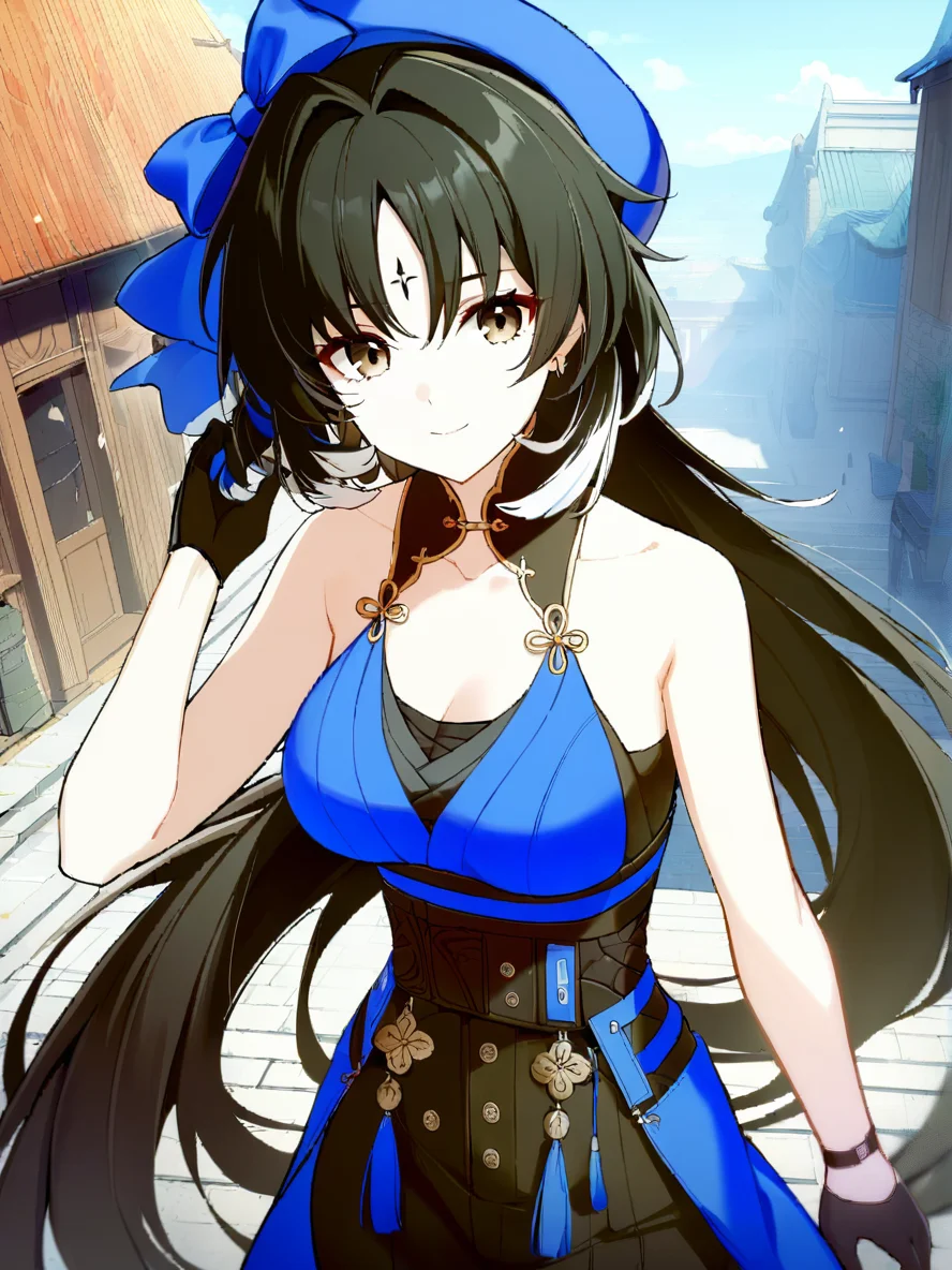 1girl,
yangyang \(wuthering waves\),
solo, outdoors, eyebrows hidden by hair, half gloves, hat, cloud, bare shoulders, black gloves, gloves, smile, hair between eyes, looking at viewer, sky, black hair, day, beret, blue sky, blue hat, very long hair, floating hair, collarbone, hair bow, bow, closed mouth, brown eyes, blue bow, long hair,
masterpiece, best quality, safe
<lora:mki-ani3-yangyang-v3:1>