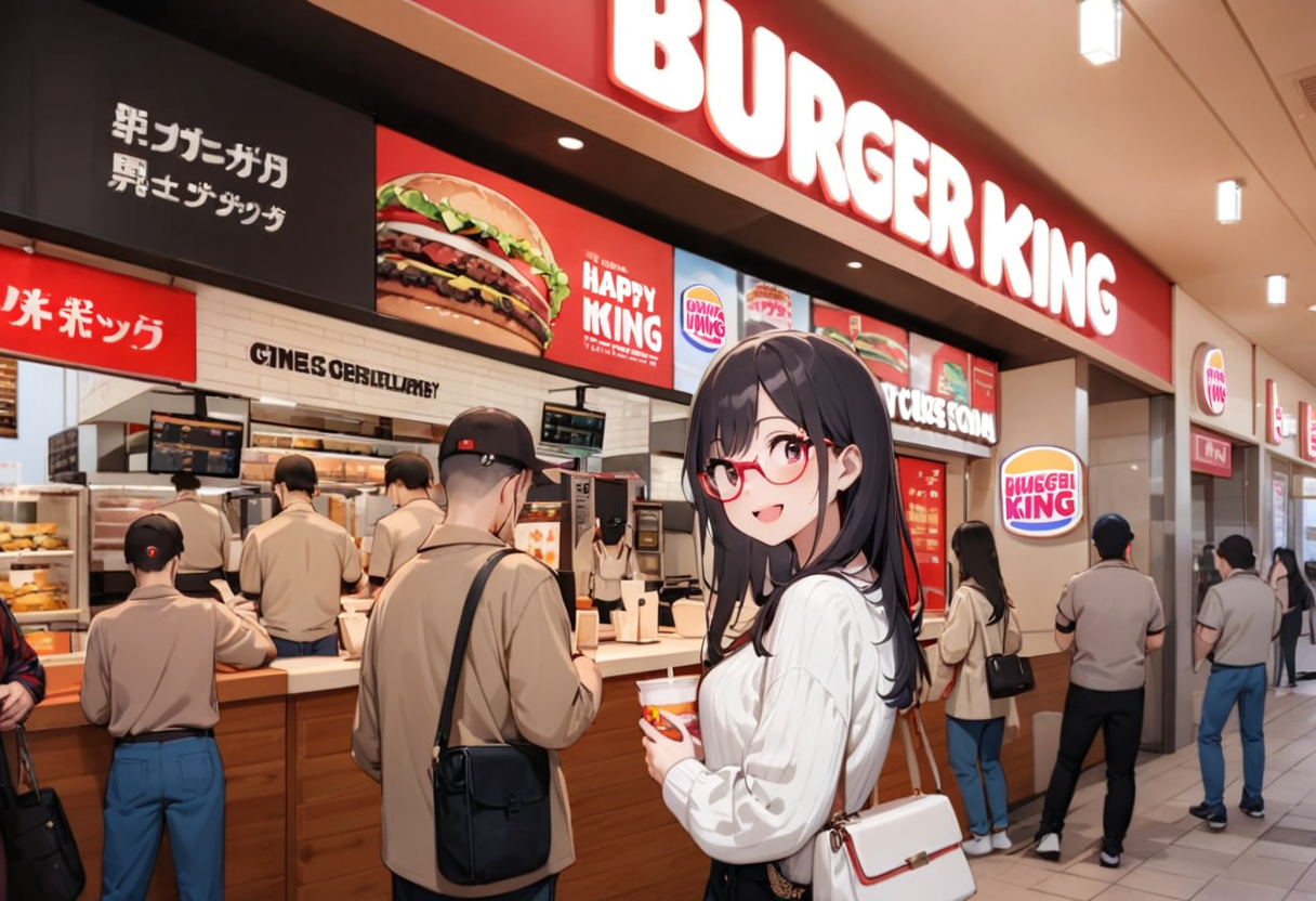 masterpiece, best quality, very aesthetic, absurdres, 
1girl, solo, glasses, black hair, long hair, white ribbed sweater, happy, smile, looking at viewer, open mouth, solo focus,
burgerking, scenery, storefront, indoors,  bag, multiple boys, 6+boys, multiple girls, handbag, city, neon lights, scenery, real world location
 <lora:burgerking_SDXL_V1:0.8>