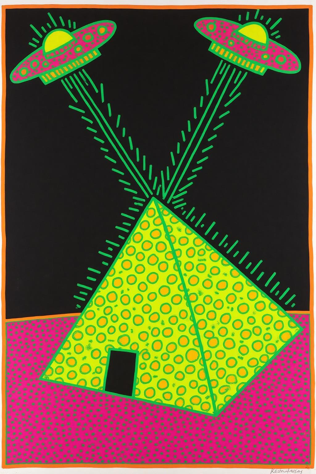 keithharing1
A pop art illustration feturing lime green pyramid covered in orange polka dots, set on a pink and white dotted ground. Two UFO are fireing on the pyramid.
 <lora:keithharing1_cap_d6a3:1.0><lora:834313155766318665:0>
