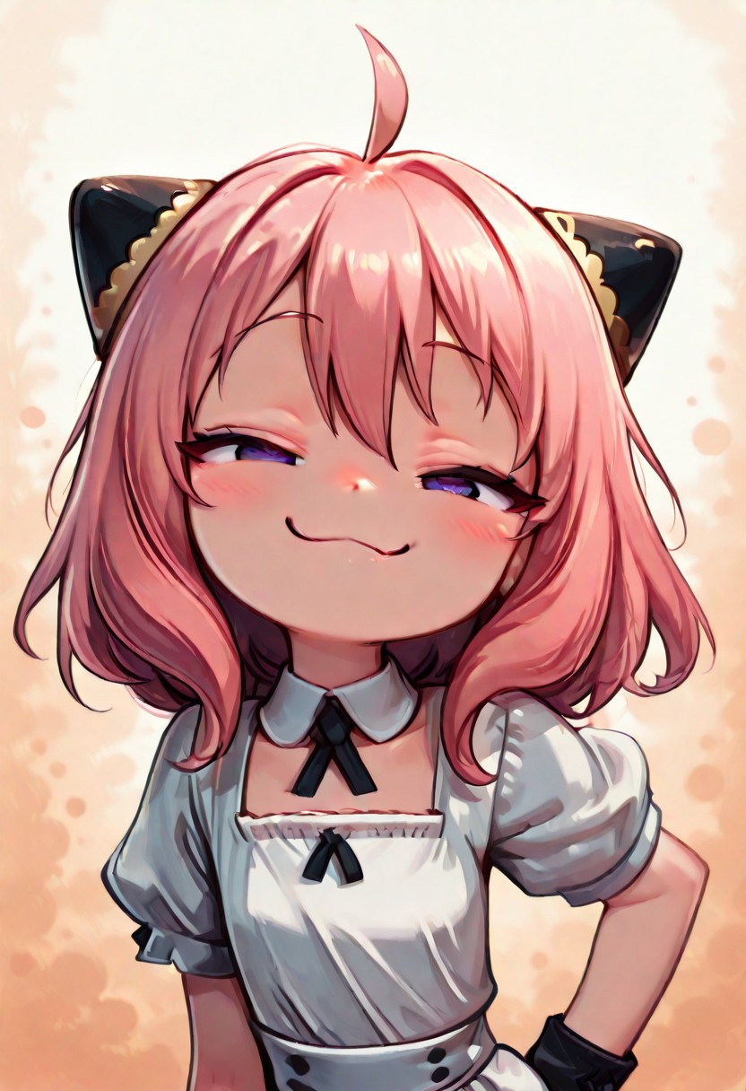 masterpiece,best quality,amazing quality, newest, very awa, Smooth, no lineart, no outline, very aesthetic, Flatline, Flat vector illustration, flat colors, Colorful themes, High Saturation, haiz_ai, orenji,
.
zzAnya, hair between eyes, ahoge, pink hair, hair ornament, hairpods,
CivChan, pink hair, purple eyes, maid uniform, hand on hip, leaning forward, head tilt, smile, smug, :3,