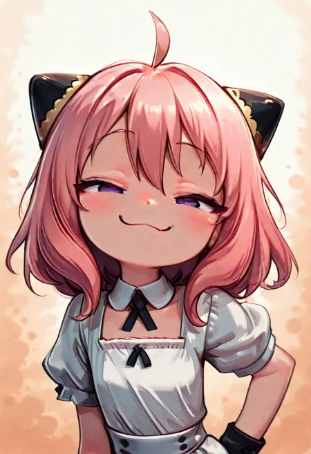 masterpiece,best quality,amazing quality, newest, very awa, Smooth, no lineart, no outline, very aesthetic, Flatline, Flat vector illustration, flat colors, Colorful themes, High Saturation, haiz_ai, orenji,
.
zzAnya, hair between eyes, ahoge, pink hair, hair ornament, hairpods,
CivChan, pink hair, purple eyes, maid uniform, hand on hip, leaning forward, head tilt, smile, smug, :3,