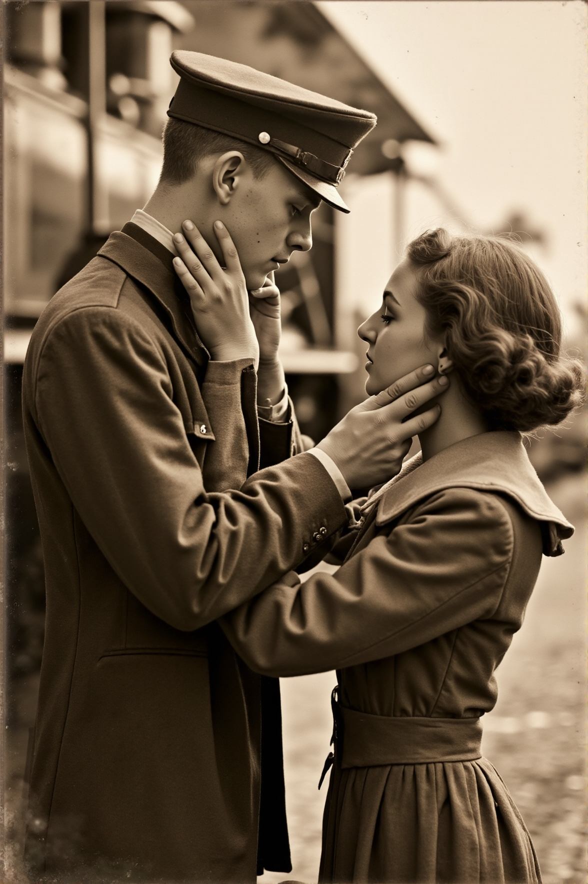 A young soldier in a crisp World War I uniform stands on the platform, his hands gently cupping the face of a woman in a high-collared dress. Her eyes are closed, as if memorizing the moment before he departs. Steam rises from the train behind them, curling around their figures. The sepia vignette softens the edges, turning the farewell into an eternal embrace.
 <lora:sepia-vignette-flux:1>