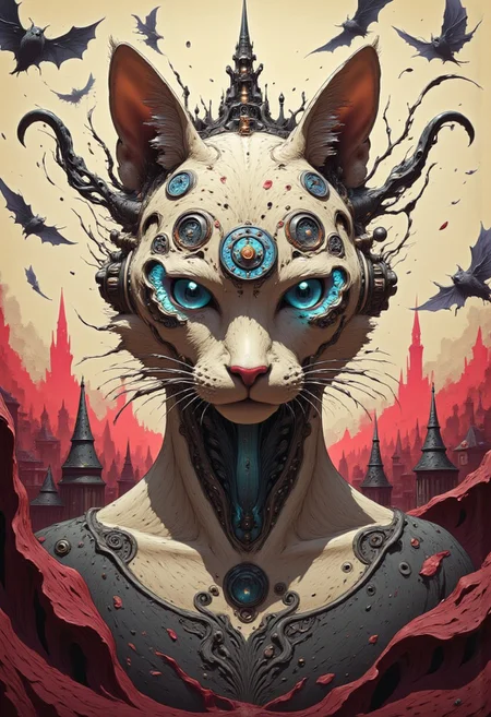The image depicts a striking hybrid character at its center: a feline head adorned with intricate, gothic architecture rising from its crown, seamlessly merging with a mechanical, clock-like device embedded within its right eye. The cat’s fur is a soft ivory white with streaks of crimson, suggesting both elegance and a sinister undertone. The mechanical components extend along its neck, interweaving wires and gears into the organic structure, while its left eye glows an intense, otherworldly blue, evoking a supernatural essence.
Surrounding the central figure, shadowy bats flutter chaotically, their wings creating a sense of movement and unease. The background is a blend of muted sepia tones and deep reds, resembling a weathered canvas splattered with blood. Gothic spires and broken clock mechanisms float in the midground, contributing to the surreal fusion of fantasy and steampunk. Fine cracks run through the architecture and the mechanical parts, enhancing the theme of decay and forgotten grandeur.
The atmosphere of the image exudes a dark fantasy and horror vibe, blending gothic aesthetics with steampunk elements. It feels otherworldly, evoking a sense of timelessness and eerie beauty, as though it belongs to a forgotten realm where magic and machinery collide. The mix of shadowy details and vibrant highlights amplifies the haunting yet mesmerizing tone of the artwork.