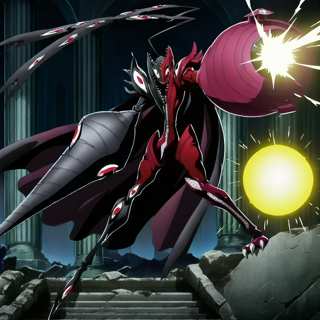 best quality,abbadomon core, <lora:abbadomoncoreillustrious:1>,   solo,1boy,full body,cape,antenna,arm cannon,arm blade,lance,cannon,tip-toes,dynamic pose,energy ball,firing shot,motion lines,persona 5 anime screencap,indoors,pillars,ruins,classical architecture