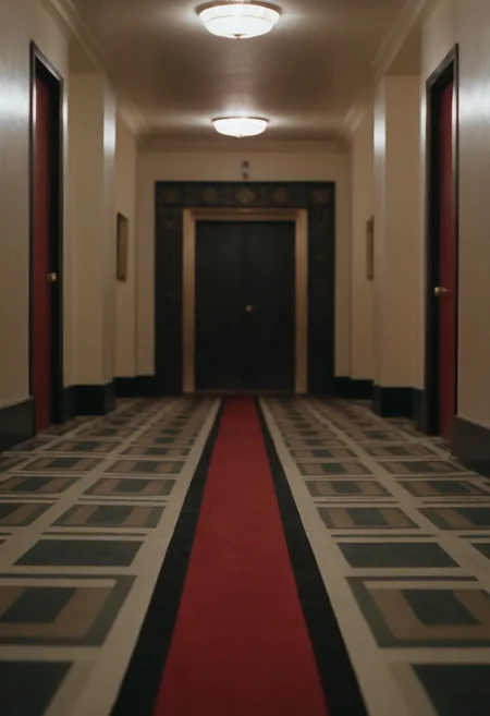 CineShining, indoors, Overlook Hotel, room 237, entrance, closeup, highly detailed, 4K, (stylish grainy analog 35mm film photo)