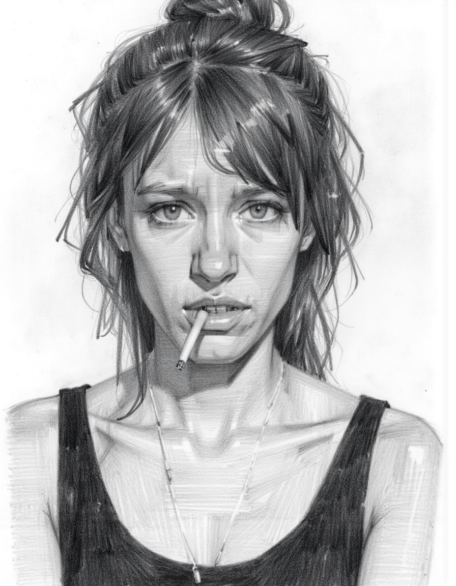 Sketch of a women looking at viewer, tired, messy hair, smoking a cigarette, black dress, mascara,  unamused expression, face close up, 
 <lora:PencilSketch_Style - FLUX:1> pencil sketch style
