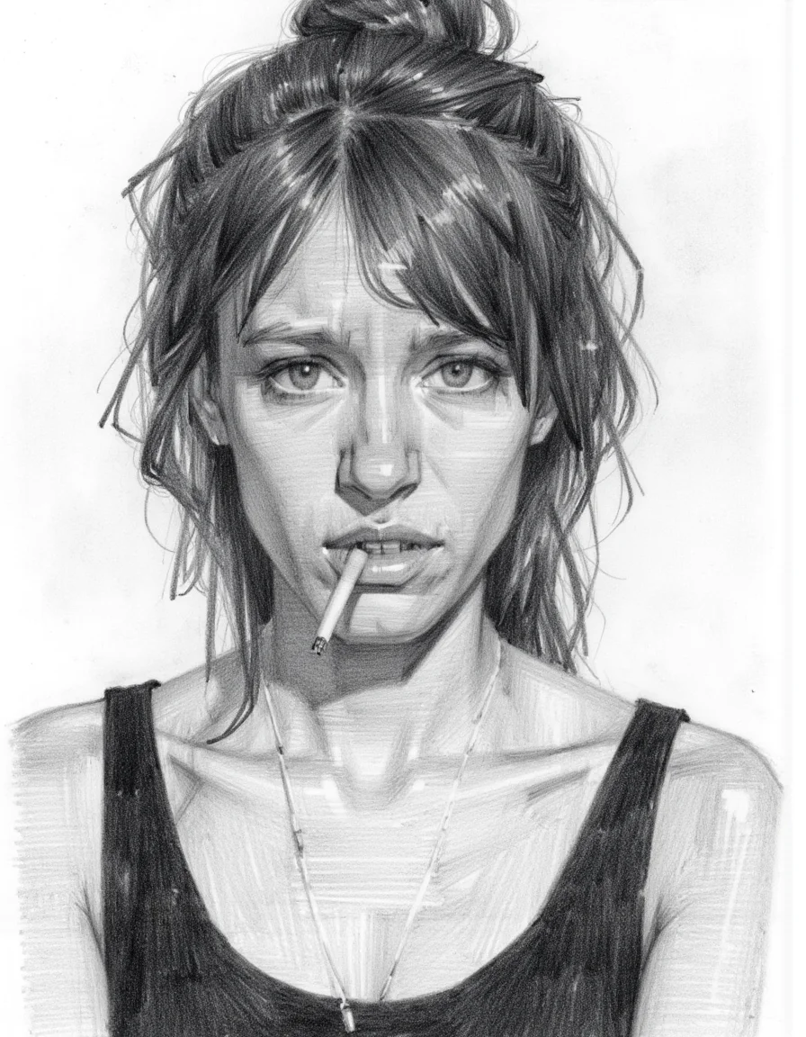 Sketch of a women looking at viewer, tired, messy hair, smoking a cigarette, black dress, mascara,  unamused expression, face close up, 
 <lora:PencilSketch_Style - FLUX:1> pencil sketch style