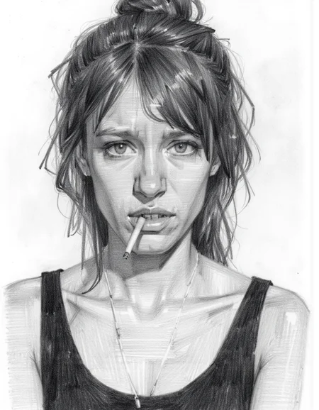 Sketch of a women looking at viewer, tired, messy hair, smoking a cigarette, black dress, mascara, unamused expression, face close up,
<lora:PencilSketch_Style - FLUX:1> pencil sketch style