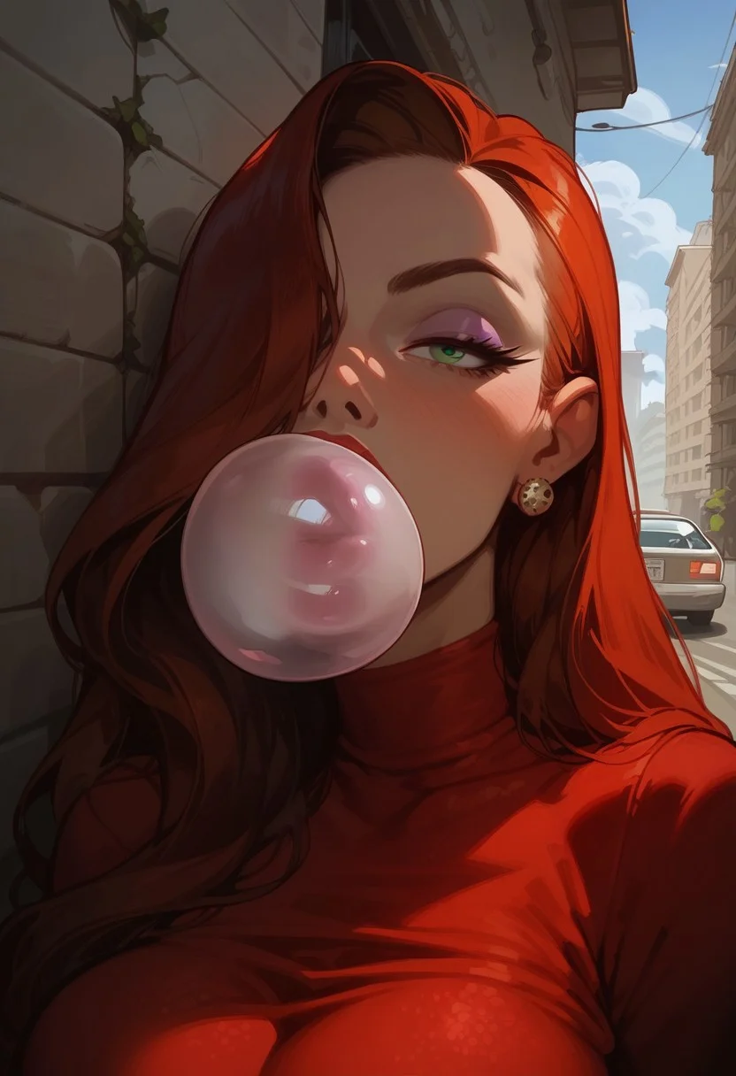 score_9, score_8_up, score_8. score_9, score_8_up, score_7_up, score_6_up, masterpiece, 4k, high quality, (best quality:1.1), ExpressiveH, close up
1girl, jessica rabbit, red hair, hair over right eye, green eyes, large breasts, red dress, blowing bubblegum
BREAK
city street, cars, trees