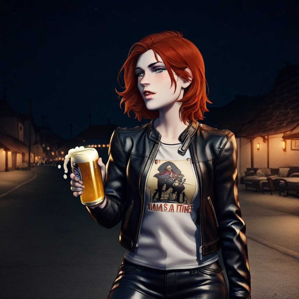 masterpiece, 1girl, Damsel, drinking a can of beer, night time, leather jacket,